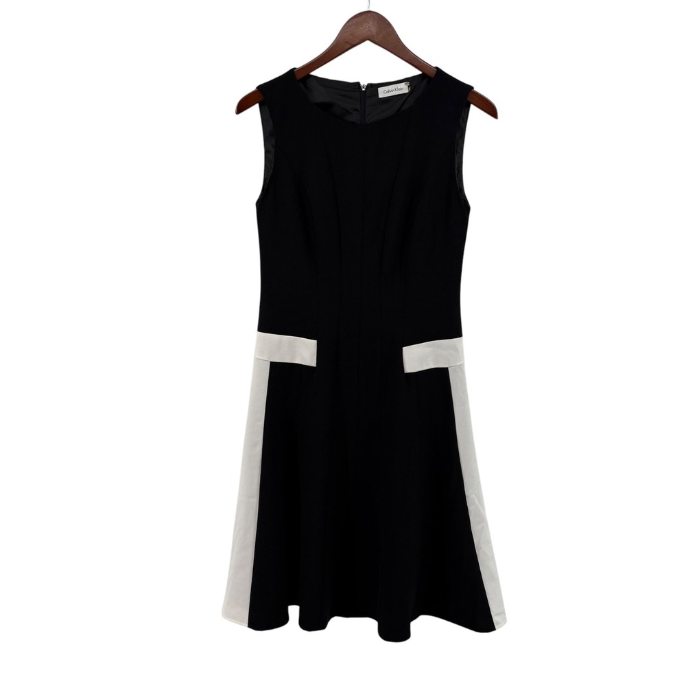 Calvin Klein Black White Colorblock Fit & Flare Career Dress Size 6